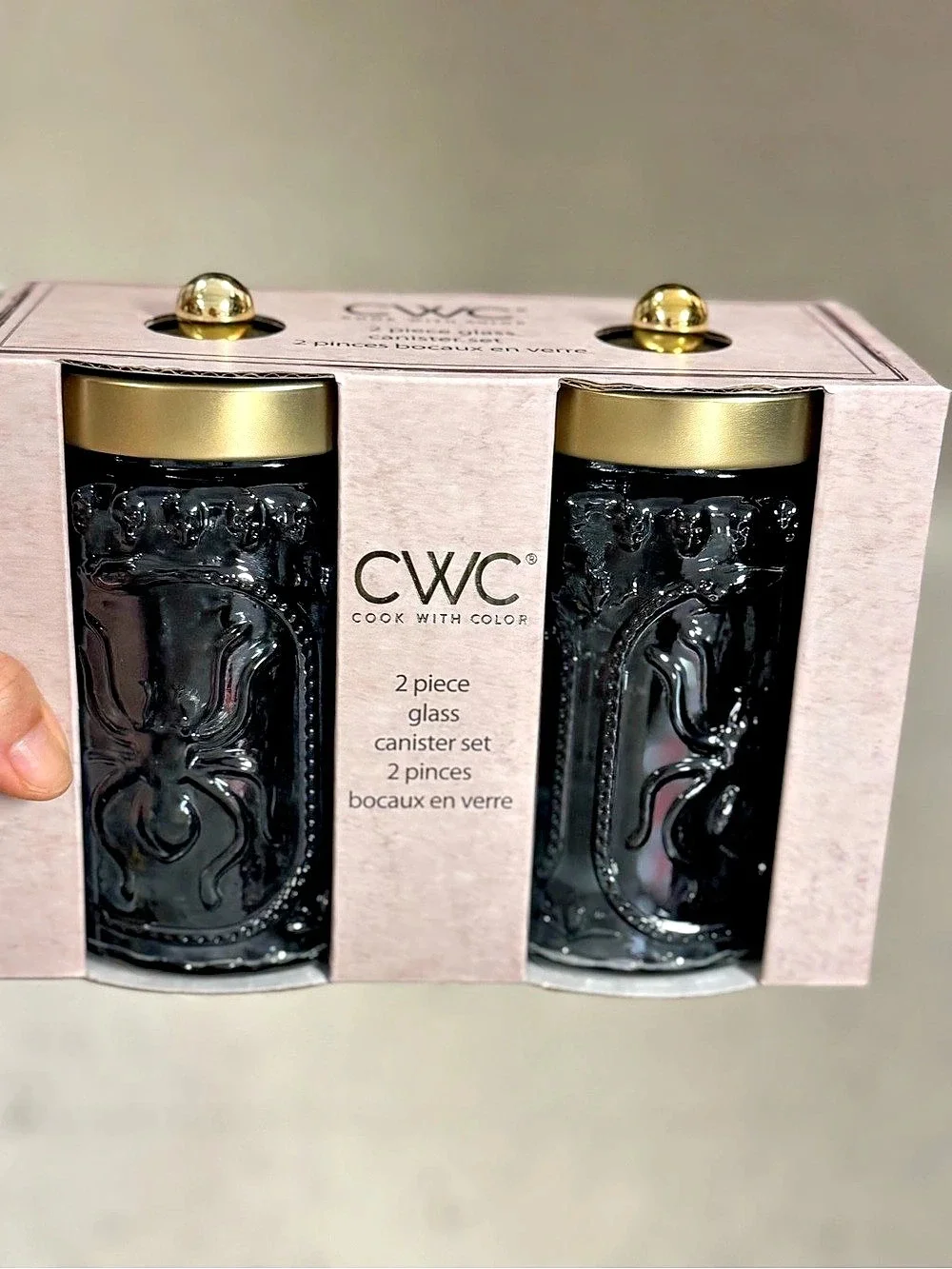 CWC 2 Piece Glass Canister Set Black & Gold NWT